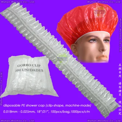 Waterproof Transparent Poly/HDPE/LDPE/Plastic/Clear/Mob/Mop Disposable PE Shower Cap for Hotel/Travel Bath/Bathing with Pleated/Crimped/Strip/Clip/Stripe Shapes