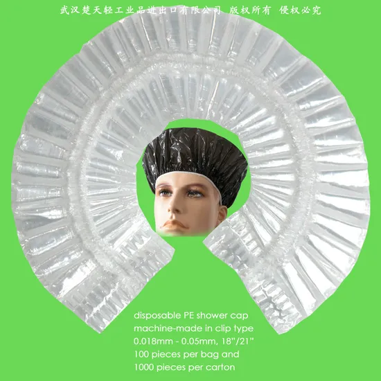 Waterproof Transparent Poly/HDPE/LDPE/Clear/Mob/Mop/Plastic Disposable PE Shower Cap for Hotel/Travel Bath/Bathing with Pleated/Crimped/Strip/Clip/Stripe Shapes 
